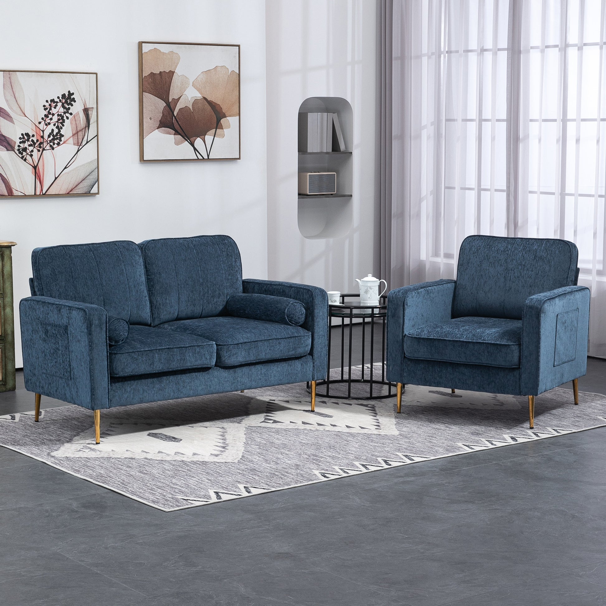 Lounge Chair with Gold Steel Legs, Comfortable 1 Seater Sofa, Side Pockets, for Living Room, Office, Bedroom, Blue