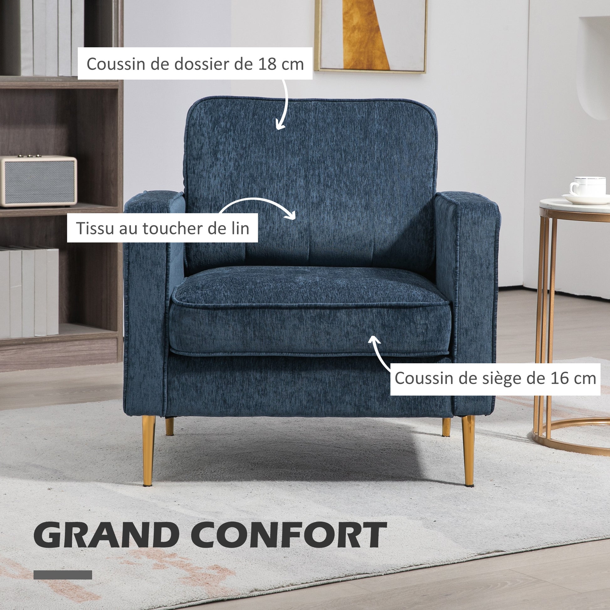 Lounge Chair with Gold Steel Legs, Comfortable 1 Seater Sofa, Side Pockets, for Living Room, Office, Bedroom, Blue