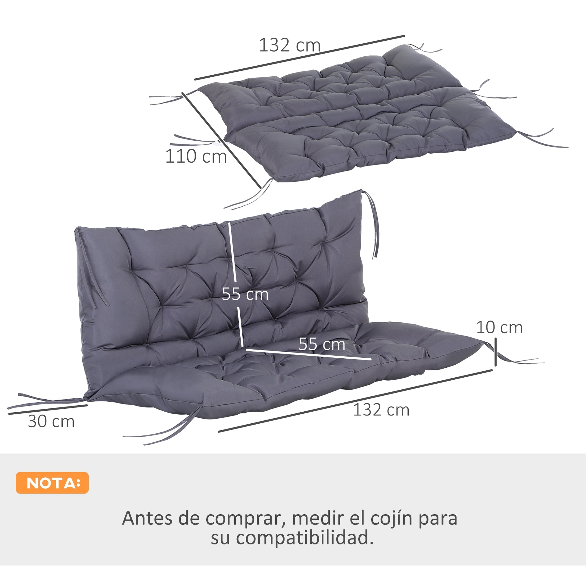 Bench Cushion with Backrest 132x110x10 cm Garden Bench Mattress for 2 Seater Bench with 6 Fastening Strings for Garden Swing Terrace Dark Gray