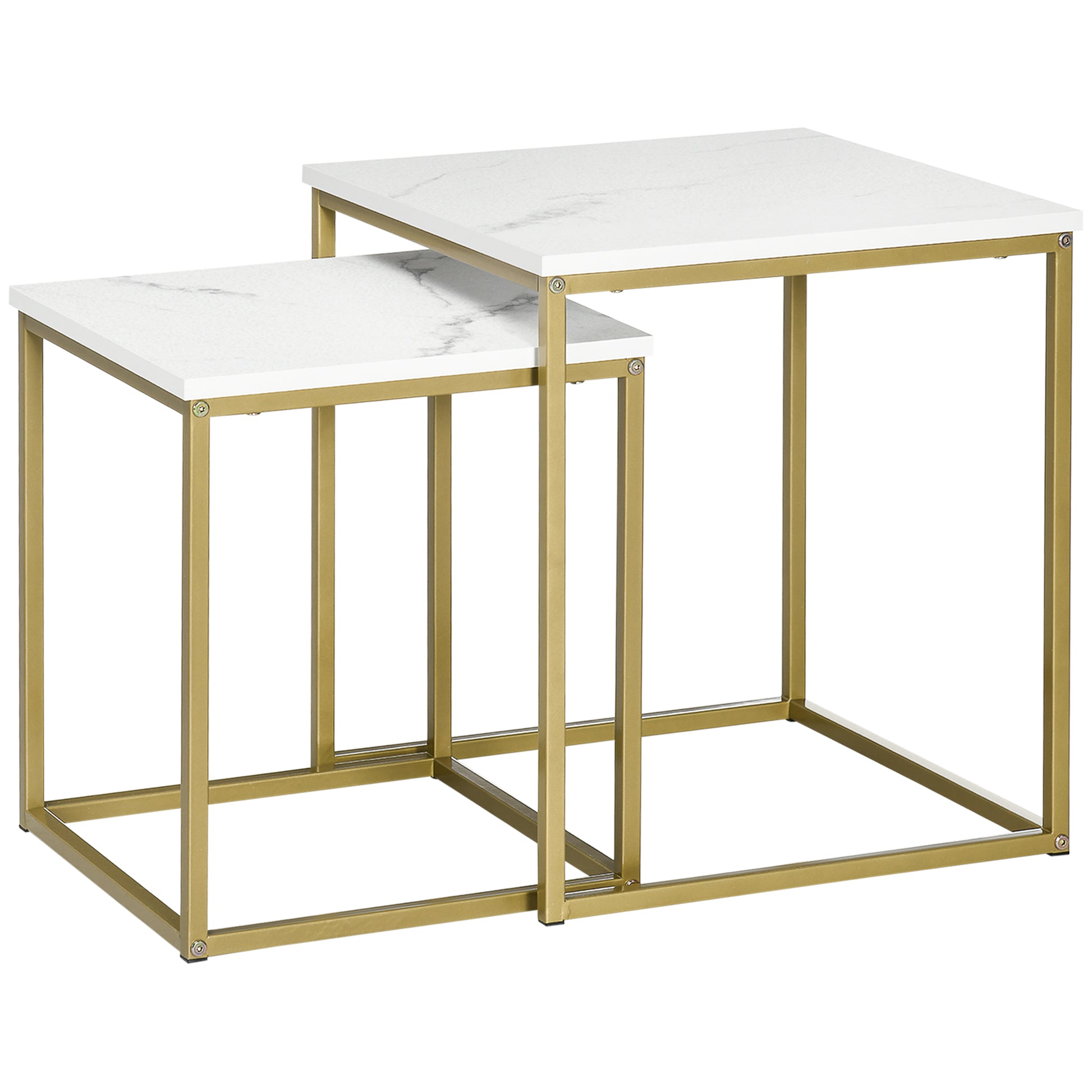 Coffee Table 2-Piece Side Table Set with Marble Effect, Steel Frame, Stackable, Living Room Table Coffee Table Side Table for Living Room Bedroom, White+Gold