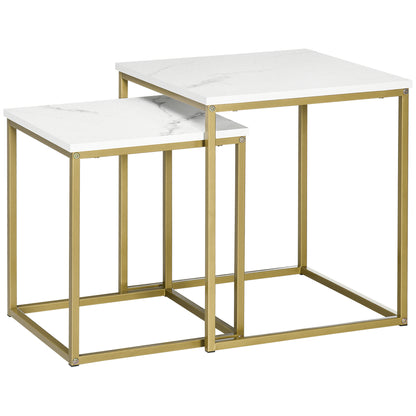 Coffee Table 2-Piece Side Table Set with Marble Effect, Steel Frame, Stackable, Living Room Table Coffee Table Side Table for Living Room Bedroom, White+Gold