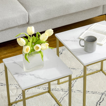 Coffee Table 2-Piece Side Table Set with Marble Effect, Steel Frame, Stackable, Living Room Table Coffee Table Side Table for Living Room Bedroom, White+Gold