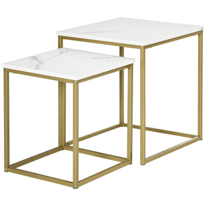 Coffee Table 2-Piece Side Table Set with Marble Effect, Steel Frame, Stackable, Living Room Table Coffee Table Side Table for Living Room Bedroom, White+Gold