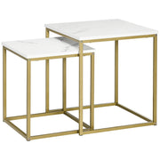 Coffee Table 2-Piece Side Table Set with Marble Effect, Steel Frame, Stackable, Living Room Table Coffee Table Side Table for Living Room Bedroom, White+Gold