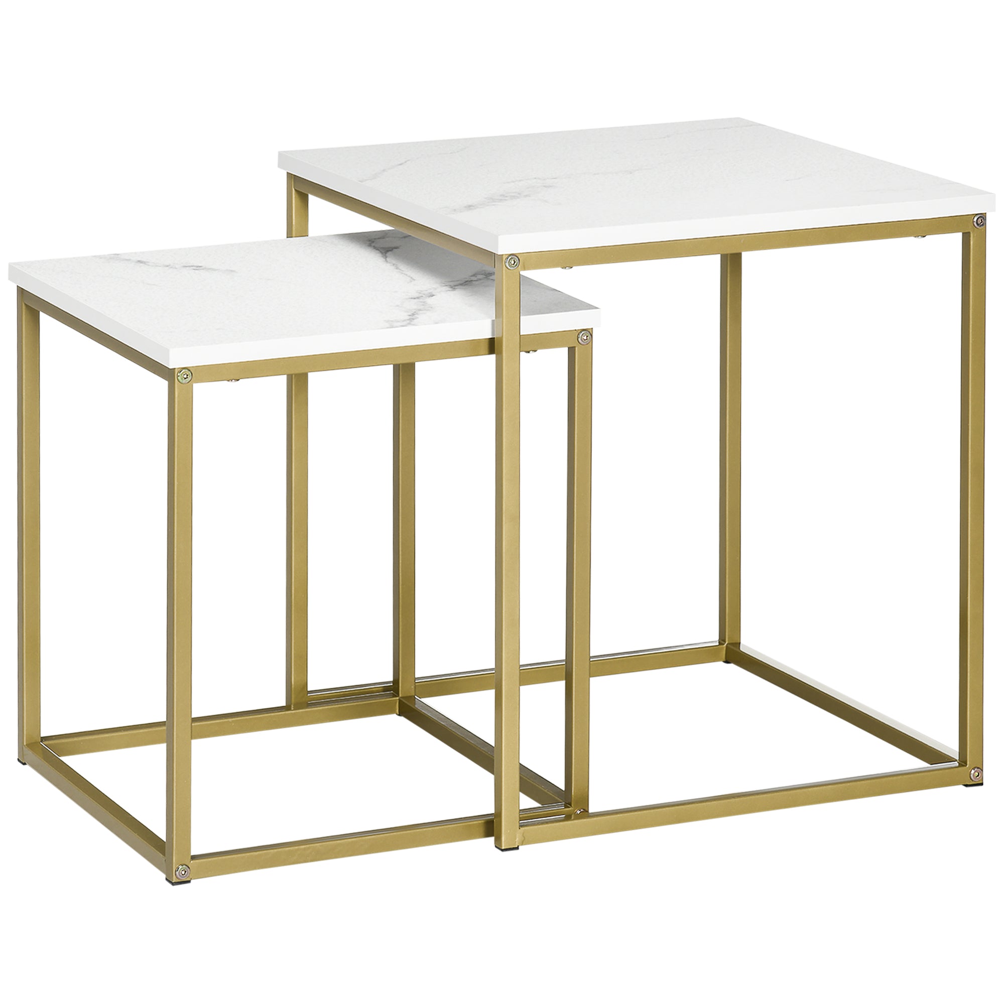 Coffee Table 2-Piece Side Table Set with Marble Effect, Steel Frame, Stackable, Living Room Table Coffee Table Side Table for Living Room Bedroom, White+Gold