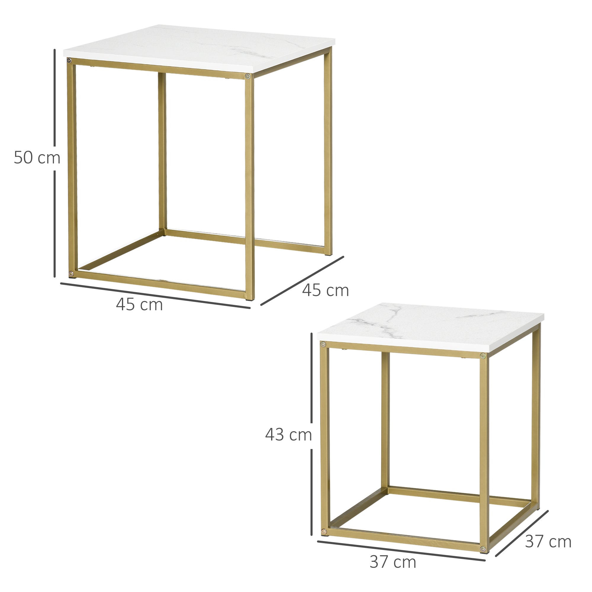 Coffee Table 2-Piece Side Table Set with Marble Effect, Steel Frame, Stackable, Living Room Table Coffee Table Side Table for Living Room Bedroom, White+Gold