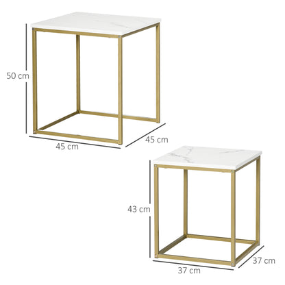 Coffee Table 2-Piece Side Table Set with Marble Effect, Steel Frame, Stackable, Living Room Table Coffee Table Side Table for Living Room Bedroom, White+Gold