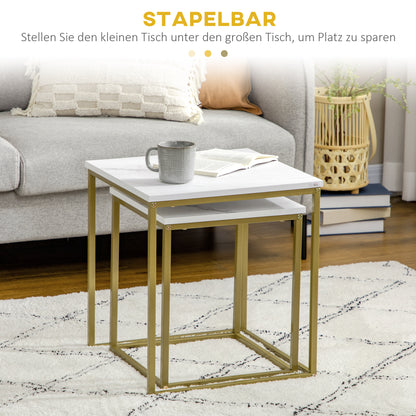 Coffee Table 2-Piece Side Table Set with Marble Effect, Steel Frame, Stackable, Living Room Table Coffee Table Side Table for Living Room Bedroom, White+Gold