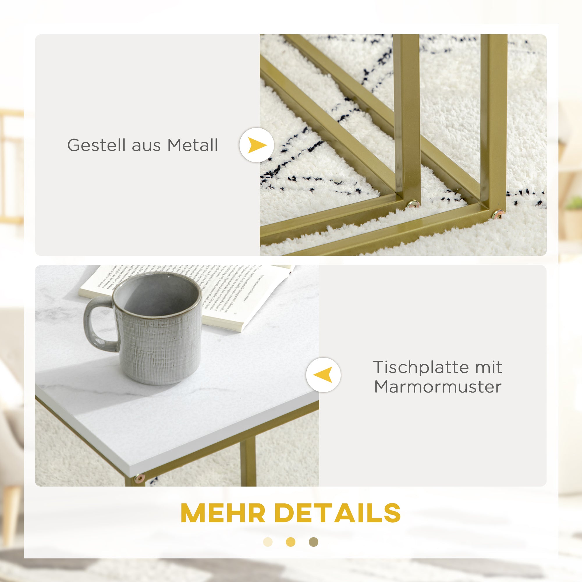 Coffee Table 2-Piece Side Table Set with Marble Effect, Steel Frame, Stackable, Living Room Table Coffee Table Side Table for Living Room Bedroom, White+Gold