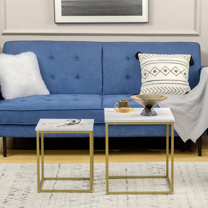 Coffee Table 2-Piece Side Table Set with Marble Effect, Steel Frame, Stackable, Living Room Table Coffee Table Side Table for Living Room Bedroom, White+Gold