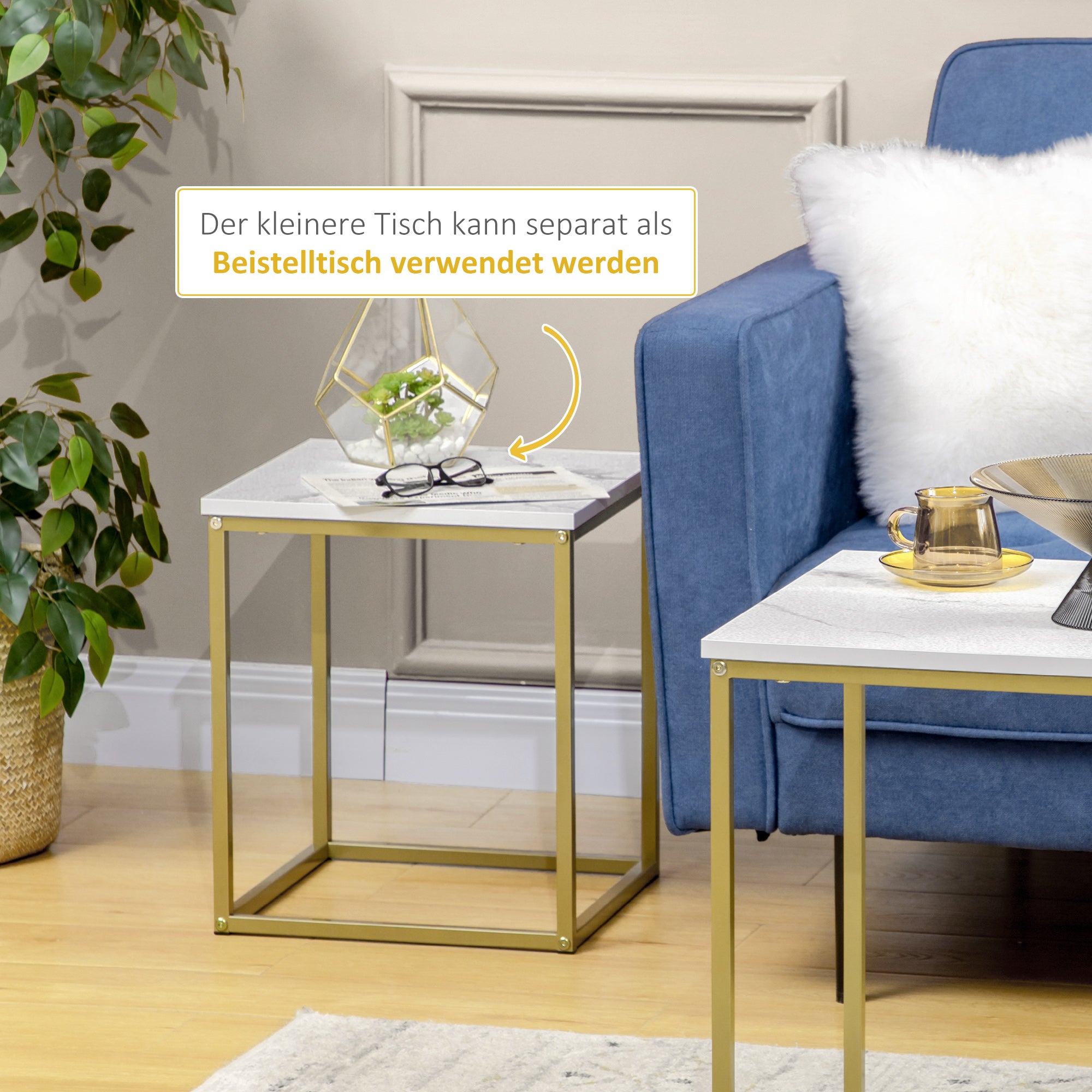 Coffee Table 2-Piece Side Table Set with Marble Effect, Steel Frame, Stackable, Living Room Table Coffee Table Side Table for Living Room Bedroom, White+Gold