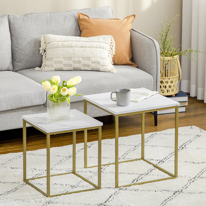 Coffee Table 2-Piece Side Table Set with Marble Effect, Steel Frame, Stackable, Living Room Table Coffee Table Side Table for Living Room Bedroom, White+Gold
