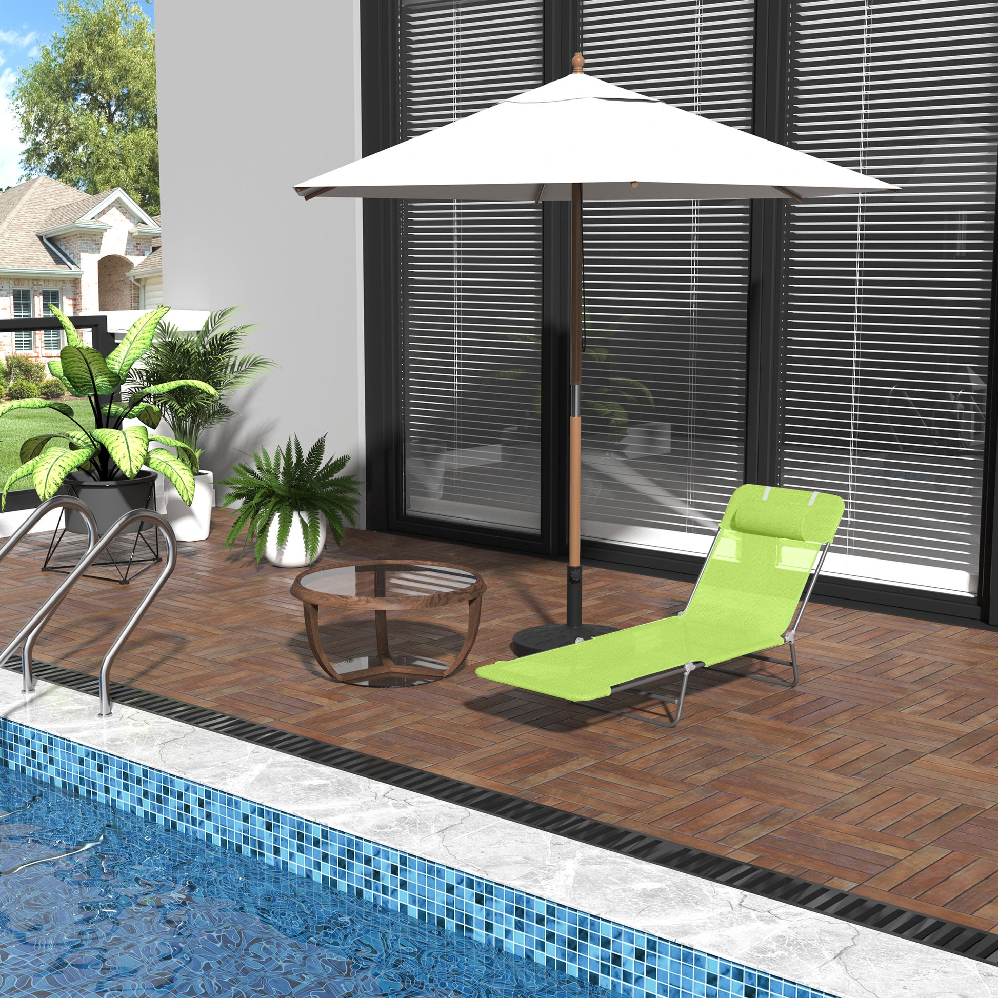 Foldable Sun Lounger with Adjustable Backrest and Cushion, Garden, Beach, and Camping Lounger, Green