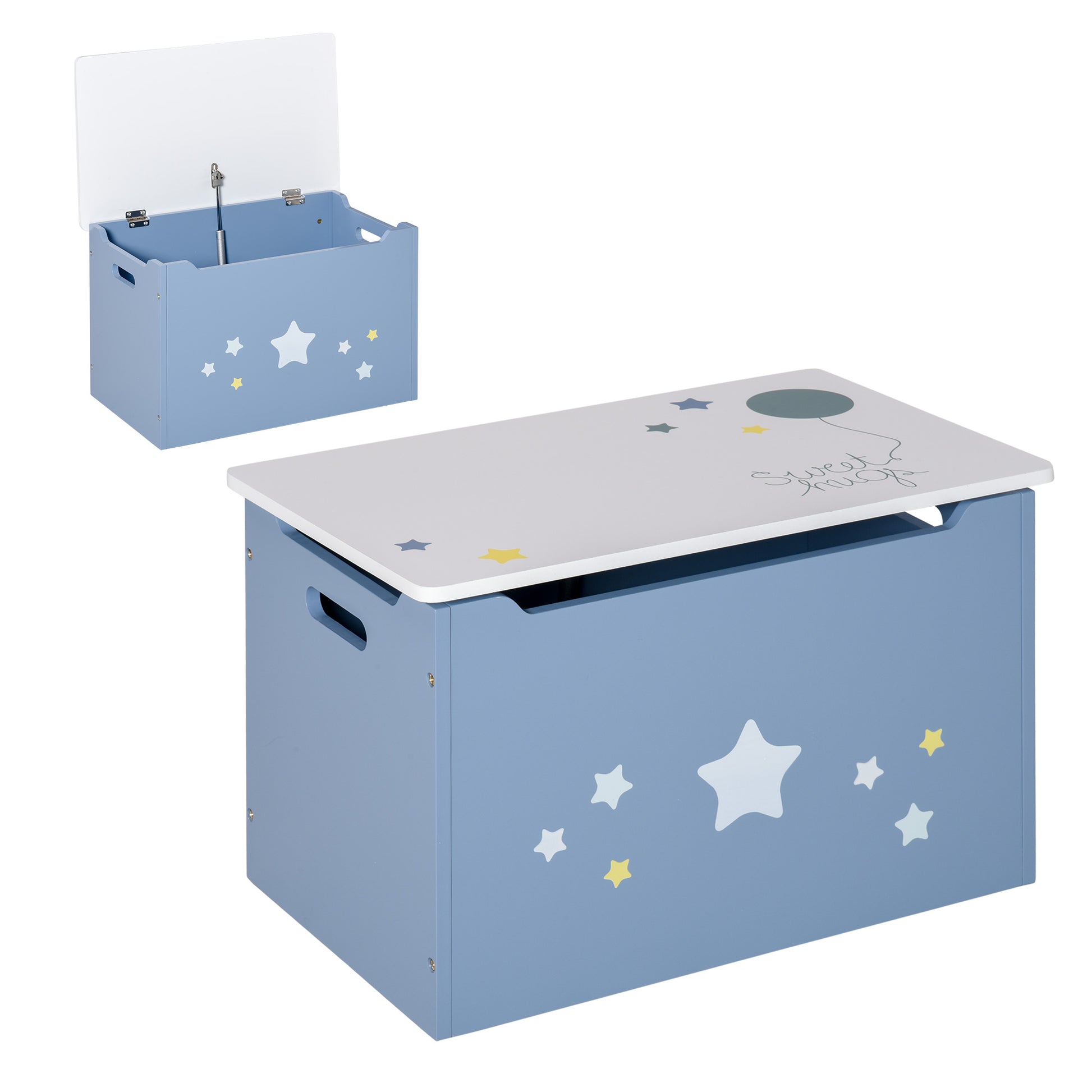 Wooden Toy Box Bench in Blue and White, Kids' Room Bench 55 x 34 x 35.5 cm