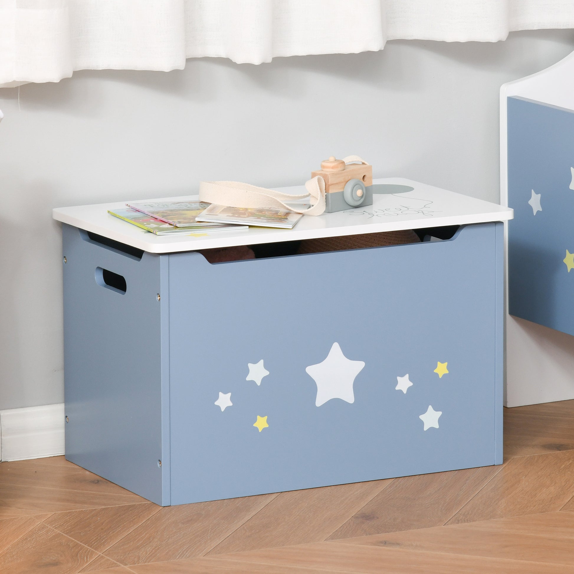 Wooden Toy Box Bench in Blue and White, Kids' Room Bench 55 x 34 x 35.5 cm
