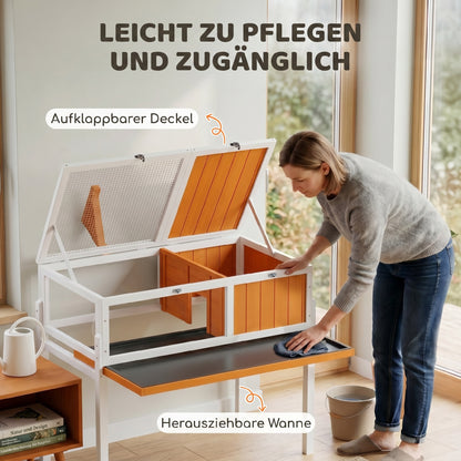Raised Wooden Turtle Hutch with Viewing Window, Flip-Top Lid, Lamp Holder & Food Bowl – Indoor/Outdoor Enclosure, White & Orange, 104 x 53 x 82 cm (40.9 x 20.9 x 32.3 in)