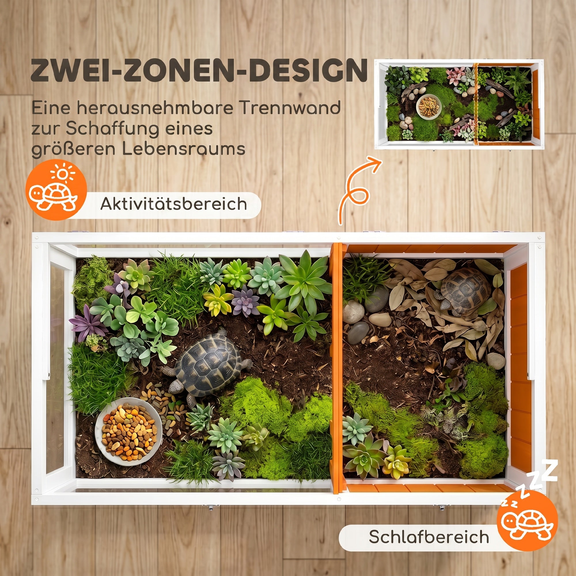 Raised Wooden Turtle Hutch with Viewing Window, Flip-Top Lid, Lamp Holder & Food Bowl – Indoor/Outdoor Enclosure, White & Orange, 104 x 53 x 82 cm (40.9 x 20.9 x 32.3 in)