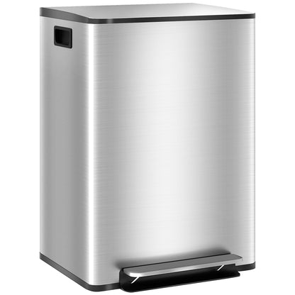Kitchen Trash Can with 2 Compartments 2x30L Stainless Steel Garbage Bin with Soft-Close Lid and Removable Bucket for Bedroom Office Living Room Silver