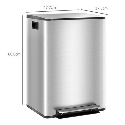 Kitchen Trash Can with 2 Compartments 2x30L Stainless Steel Garbage Bin with Soft-Close Lid and Removable Bucket for Bedroom Office Living Room Silver