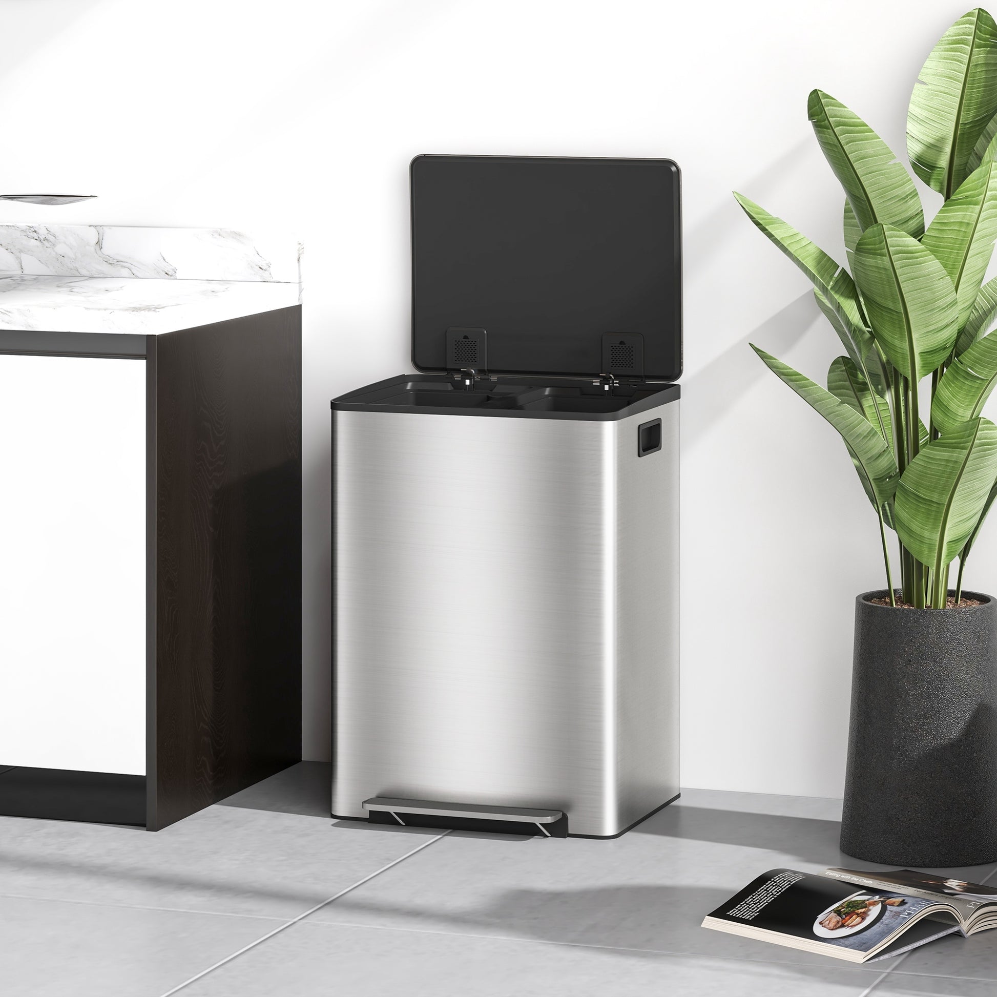 Kitchen Trash Can with 2 Compartments 2x30L Stainless Steel Garbage Bin with Soft-Close Lid and Removable Bucket for Bedroom Office Living Room Silver