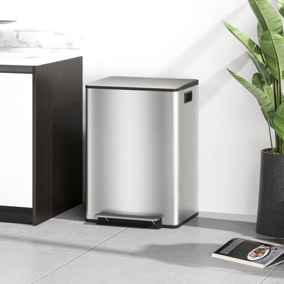 Kitchen Trash Can with 2 Compartments 2x30L Stainless Steel Garbage Bin with Soft-Close Lid and Removable Bucket for Bedroom Office Living Room Silver