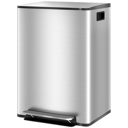 Kitchen Trash Can with 2 Compartments 2x30L Stainless Steel Garbage Bin with Soft-Close Lid and Removable Bucket for Bedroom Office Living Room Silver