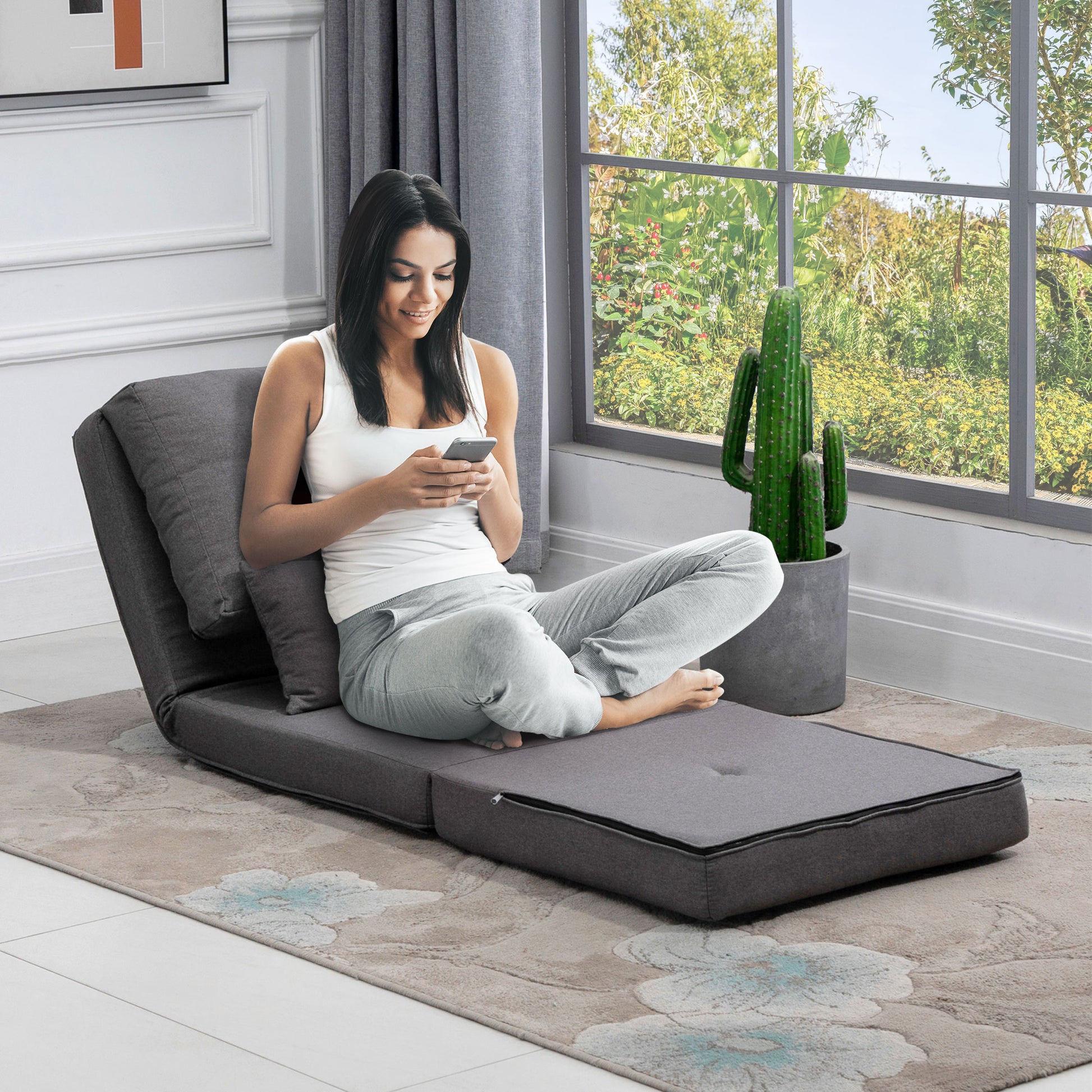 Floor Chair 2-in-1 Folding Bed with Adjustable Backrest Floor Sofa with Decorative Pillow, Floor Seat Cushion for Living Room, Bedroom, Linen, Dark Gray