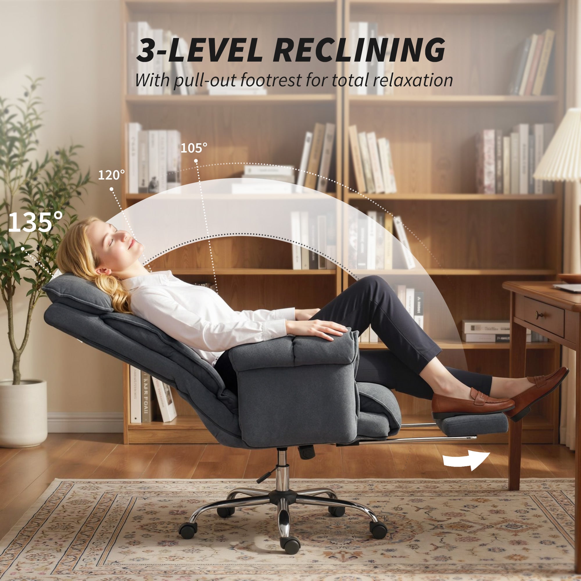 Ergonomic Office Chair with Lumbar Support, Adjustable Footrest & 360° Swivel — Padded Polar Fleece, Dark Gray