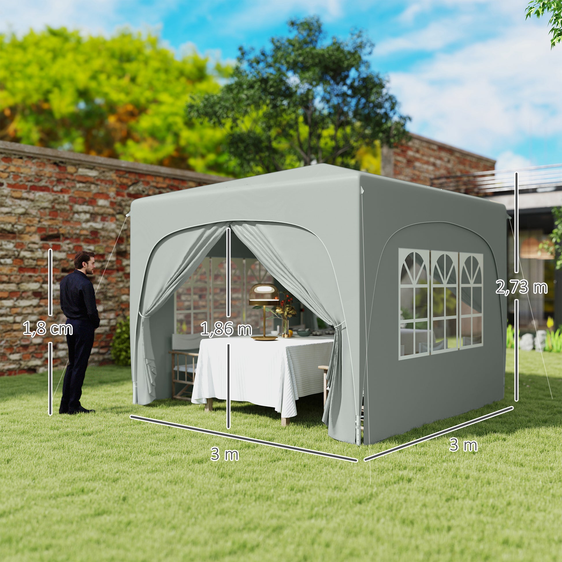 Pavilion 3x3m, Water-Resistant Stable Winter-Proof Pop-Up Folding Pavilion, UV Protection 50+, Foldable Party Tent Garden Gazebo with 4 Side Panels Carry Bag Garden Pavilion for Camping Garden, Light Gray