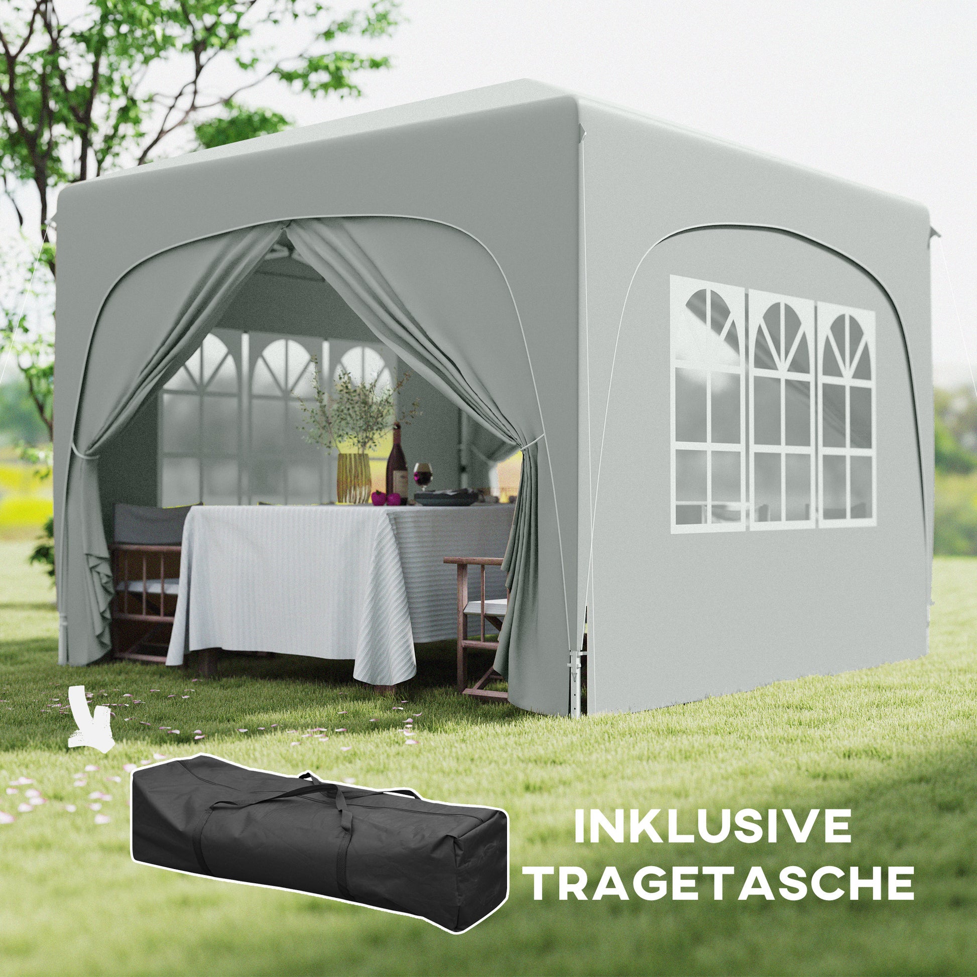 Pavilion 3x3m, Water-Resistant Stable Winter-Proof Pop-Up Folding Pavilion, UV Protection 50+, Foldable Party Tent Garden Gazebo with 4 Side Panels Carry Bag Garden Pavilion for Camping Garden, Light Gray