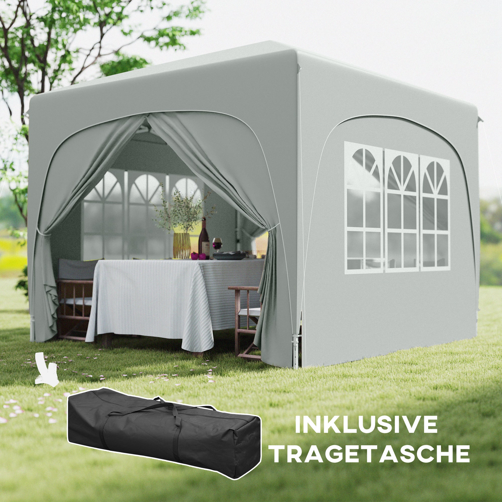Pavilion 3x3m, Water-Resistant Stable Winter-Proof Pop-Up Folding Pavilion, UV Protection 50+, Foldable Party Tent Garden Gazebo with 4 Side Panels Carry Bag Garden Pavilion for Camping Garden, Light Gray