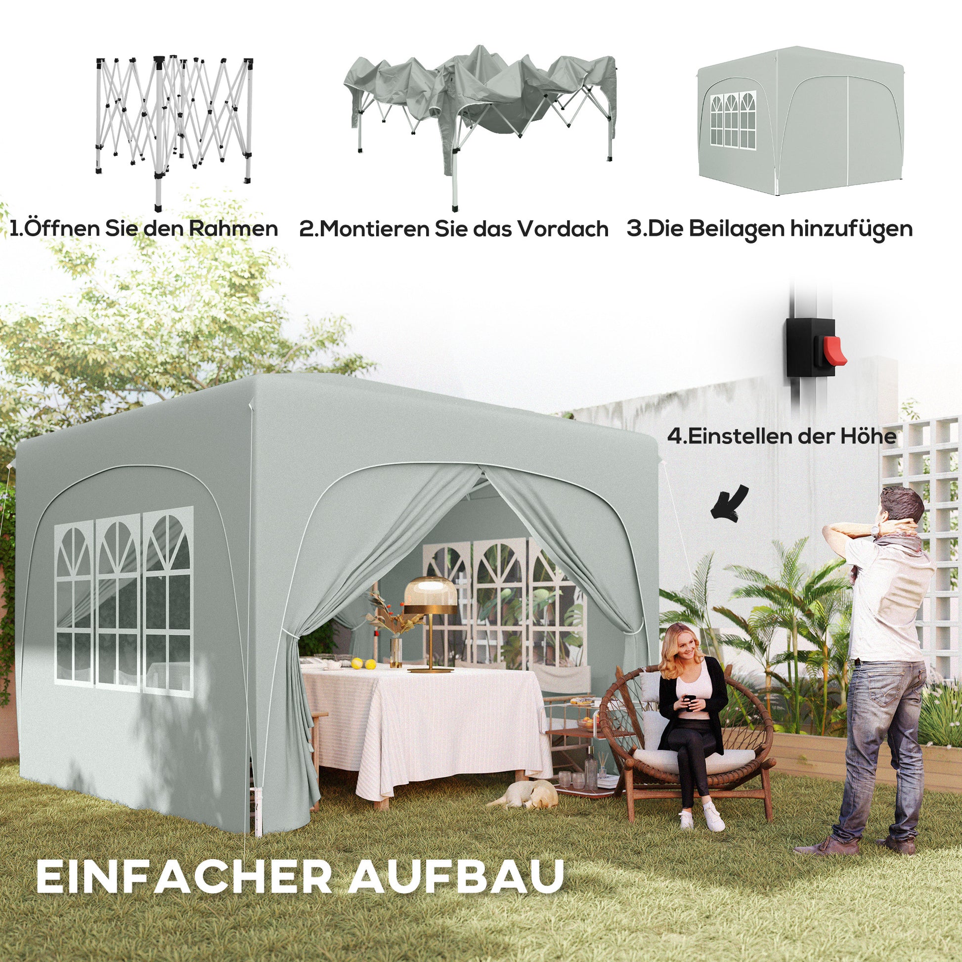 Pavilion 3x3m, Water-Resistant Stable Winter-Proof Pop-Up Folding Pavilion, UV Protection 50+, Foldable Party Tent Garden Gazebo with 4 Side Panels Carry Bag Garden Pavilion for Camping Garden, Light Gray