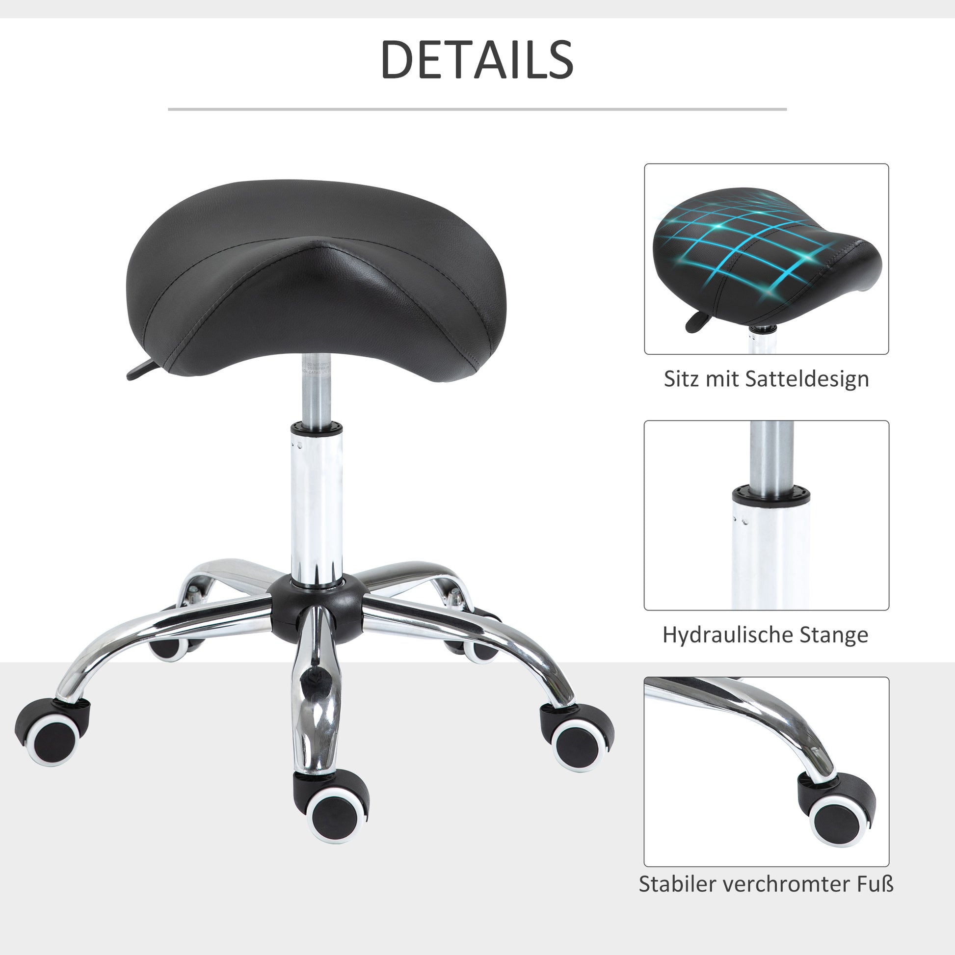 Saddle Stool Work Stool Swivel Stool Rolling Stool Beauty Stool Padded Height Adjustable (Black)
