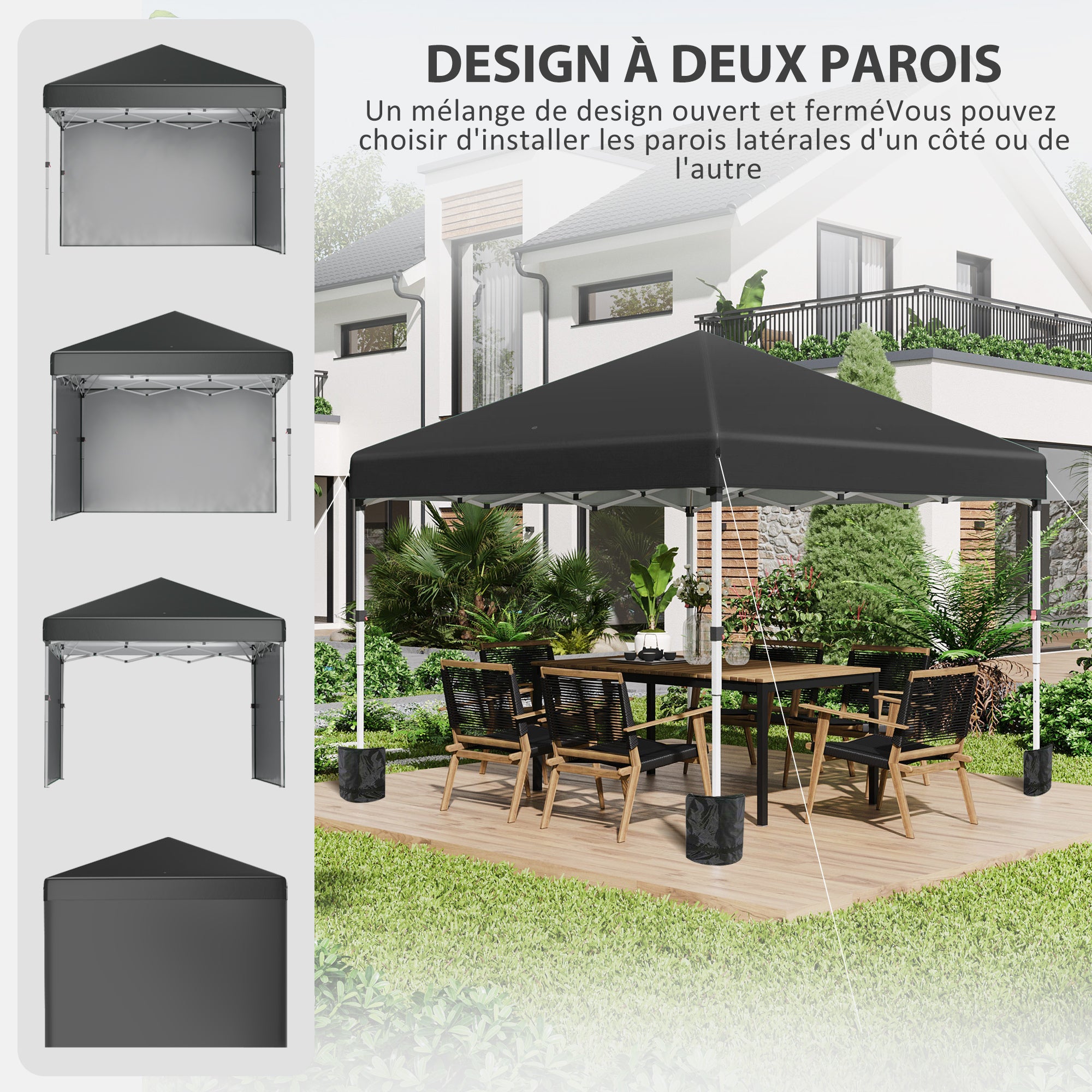 Pop-up folding garden gazebo adjustable in height UV 30+ protection 2 sidewalls - includes carrying bag - for outdoor party, event - 297 x 297 x 288 cm black