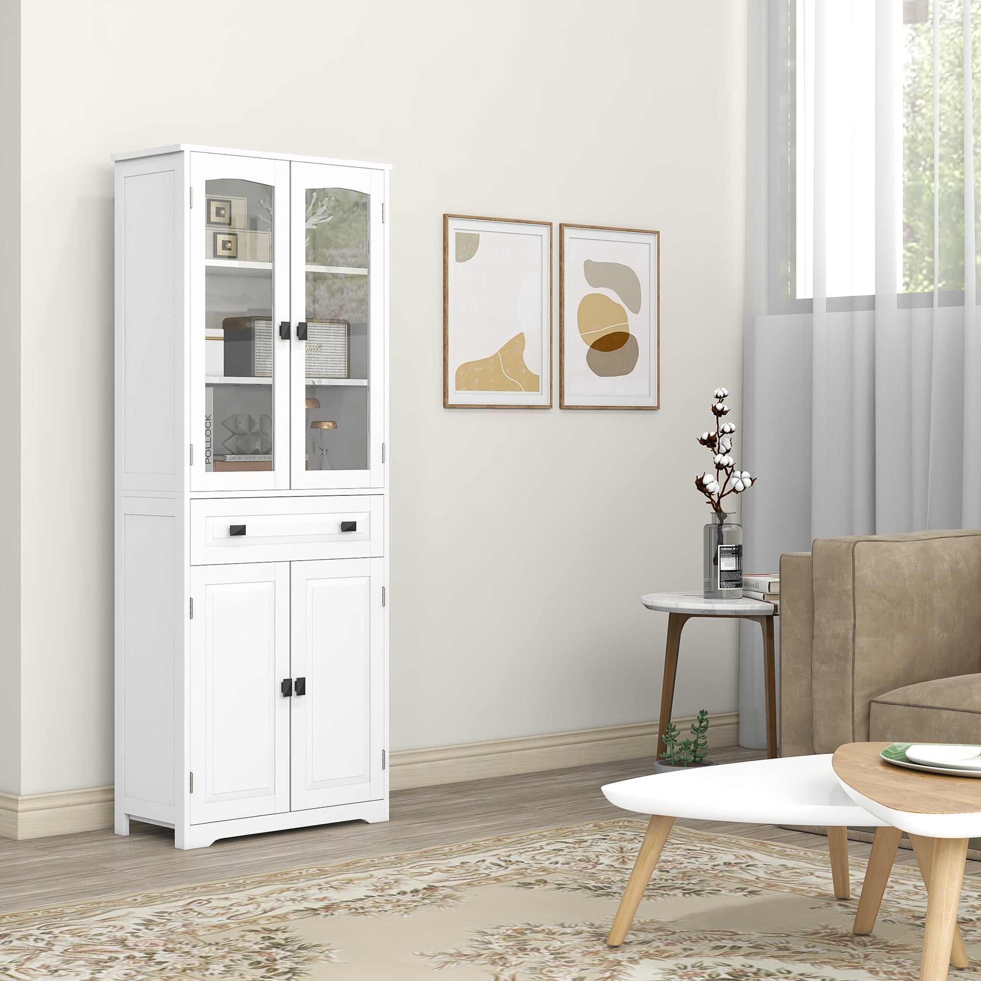 Kitchen Pantry Sideboard Buffet Cabinet with 4 Doors 1 Drawer and 2 Adjustable Shelves for Living Room 60x30x160 cm White