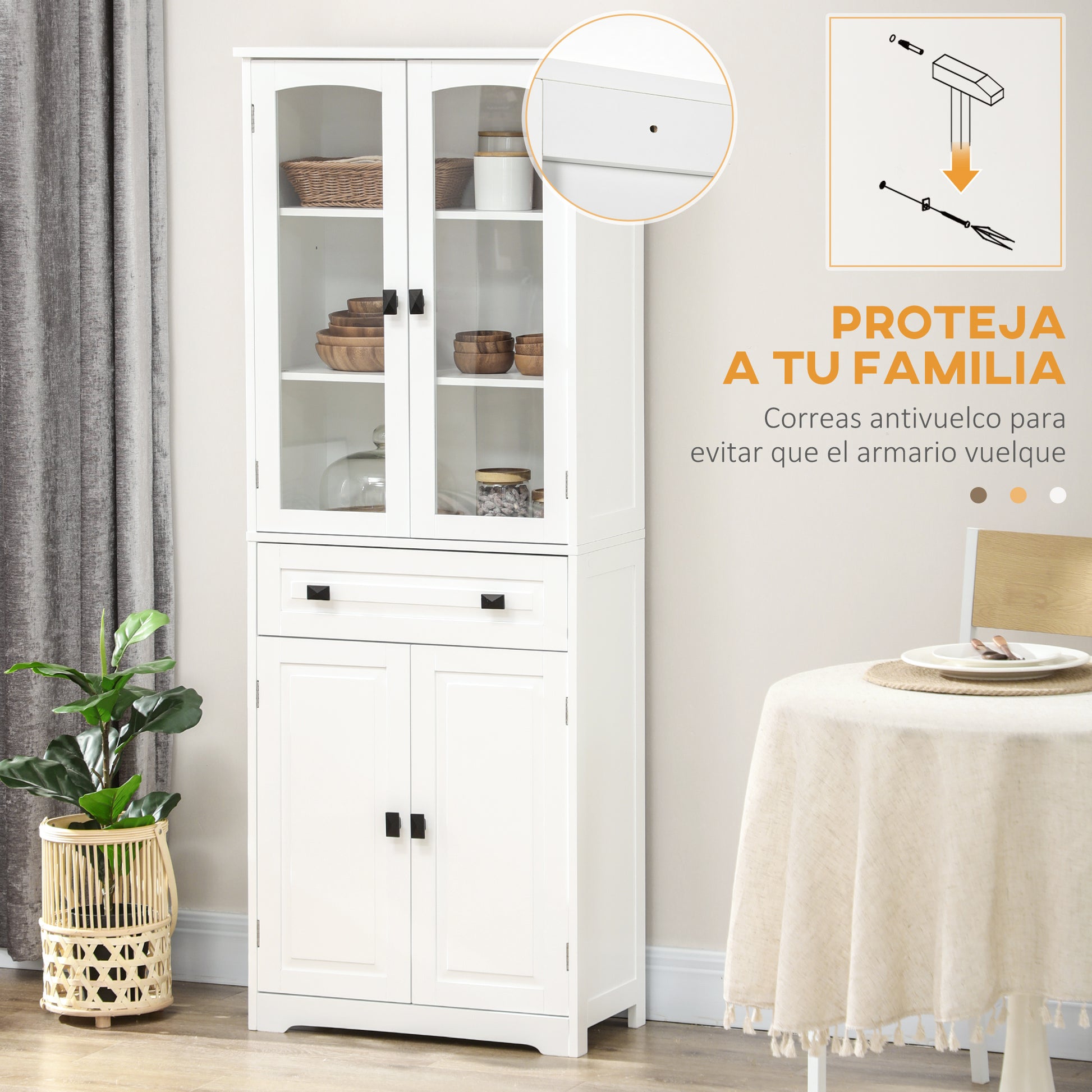 Kitchen Pantry Sideboard Buffet Cabinet with 4 Doors 1 Drawer and 2 Adjustable Shelves for Living Room 60x30x160 cm White