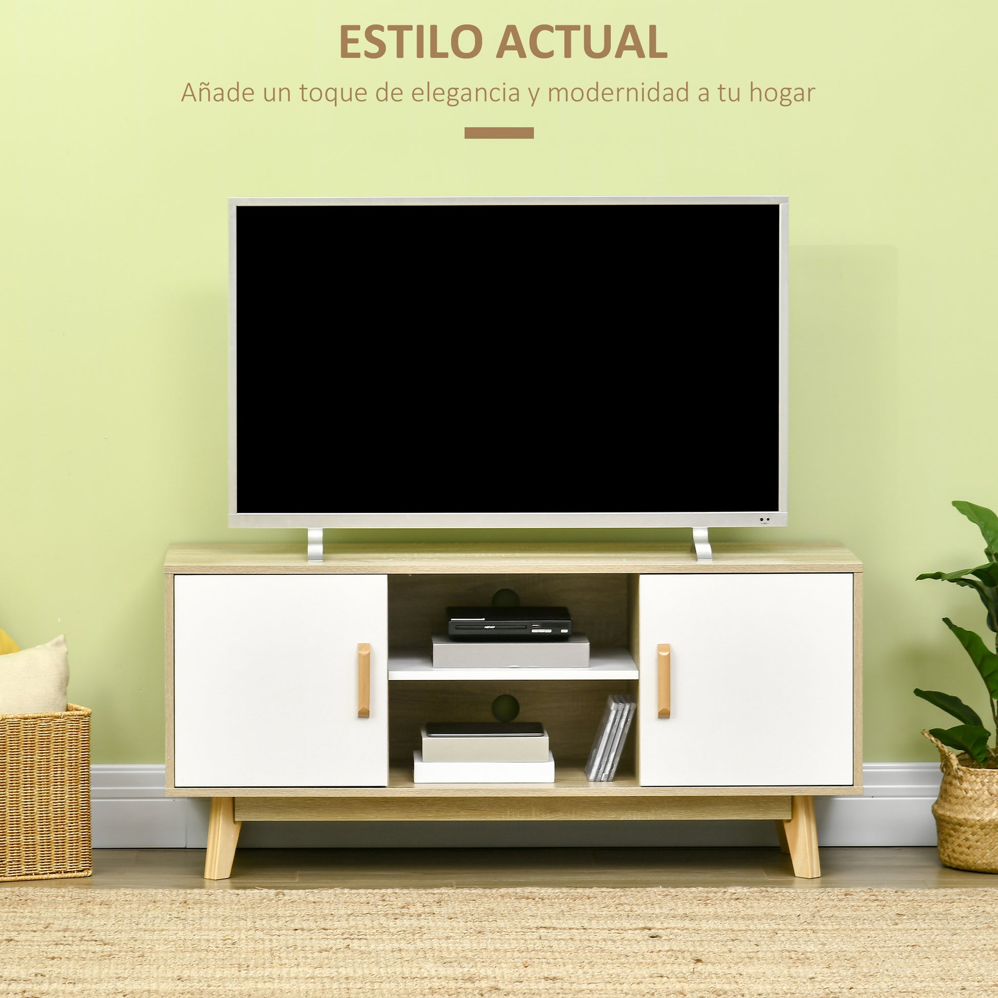 TV Stand for TVs up to 55 Inches Modern TV Stand with 2 Doors 2 Open Shelves and Adjustable Shelf for Bedroom 120x40x55 cm Natural and White