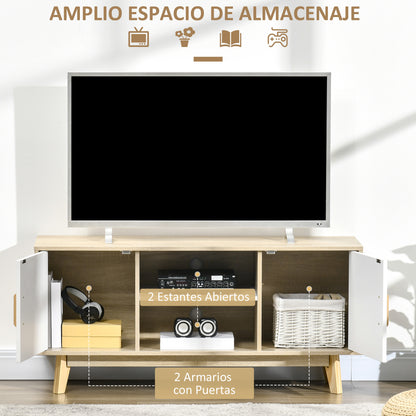 TV Stand for TVs up to 55 Inches Modern TV Stand with 2 Doors 2 Open Shelves and Adjustable Shelf for Bedroom 120x40x55 cm Natural and White