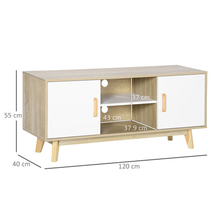 TV Stand for TVs up to 55 Inches Modern TV Stand with 2 Doors 2 Open Shelves and Adjustable Shelf for Bedroom 120x40x55 cm Natural and White
