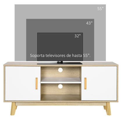 TV Stand for TVs up to 55 Inches Modern TV Stand with 2 Doors 2 Open Shelves and Adjustable Shelf for Bedroom 120x40x55 cm Natural and White