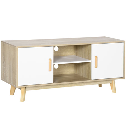 TV Stand for TVs up to 55 Inches Modern TV Stand with 2 Doors 2 Open Shelves and Adjustable Shelf for Bedroom 120x40x55 cm Natural and White