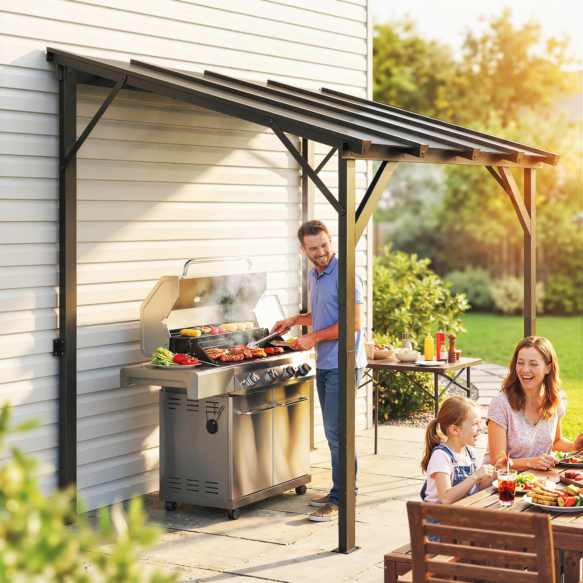 Lean-to BBQ Pavilion, 8.0 ft x 4 ft 10 in x 8.0 ft Patio Canopy with UPF50+ Polycarbonate Roof — Dark Gray