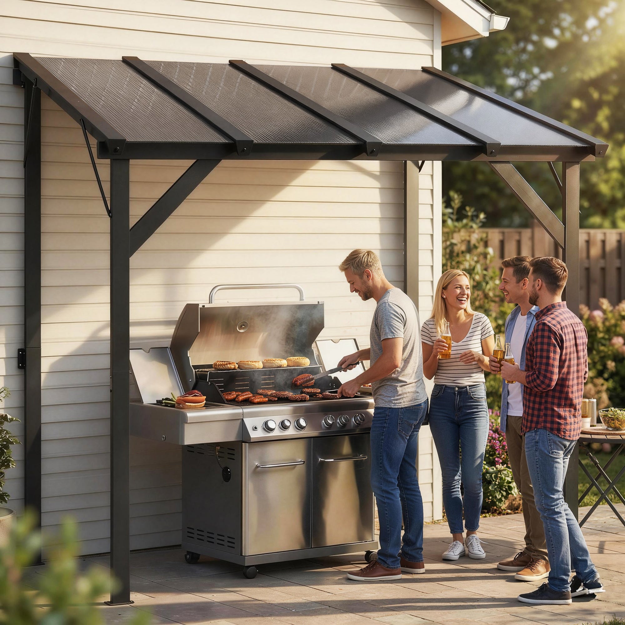 Lean-to BBQ Pavilion, 8.0 ft x 4 ft 10 in x 8.0 ft Patio Canopy with UPF50+ Polycarbonate Roof — Dark Gray