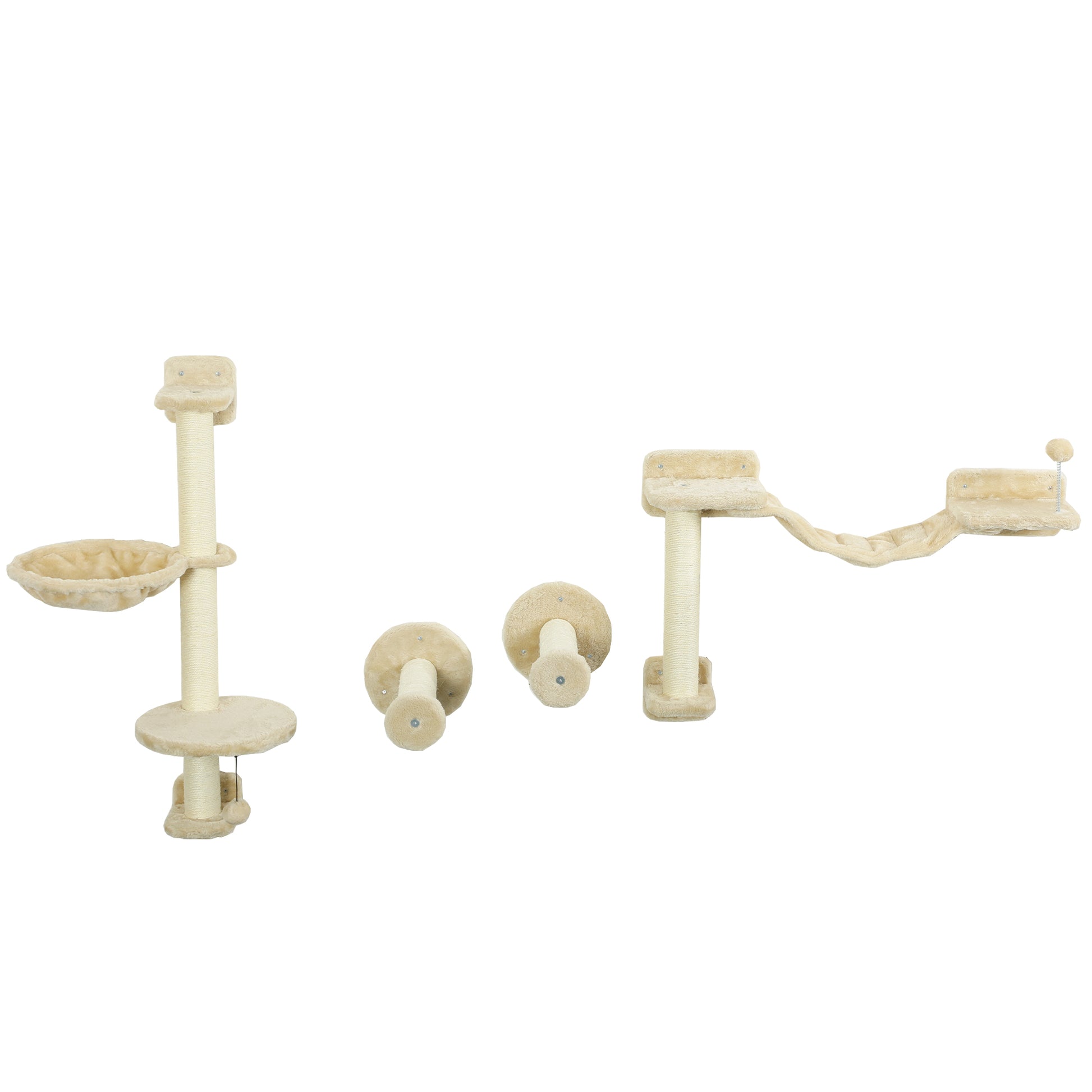 4-Piece Cat Shelves Set Wall Scratcher for Cats with Hammock Posts Scratching Soft Ladder Ball Jumping Platforms Beige