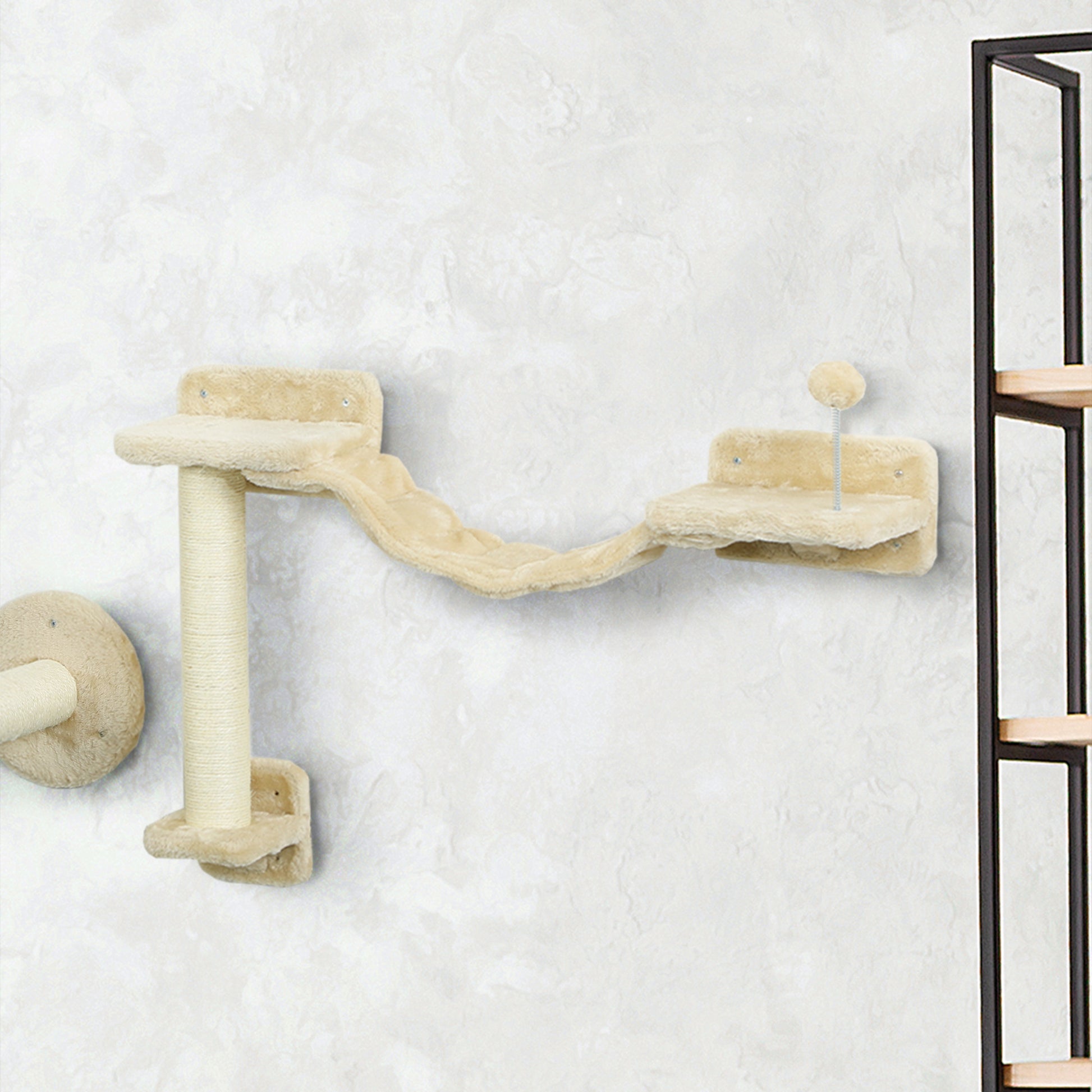 4-Piece Cat Shelves Set Wall Scratcher for Cats with Hammock Posts Scratching Soft Ladder Ball Jumping Platforms Beige
