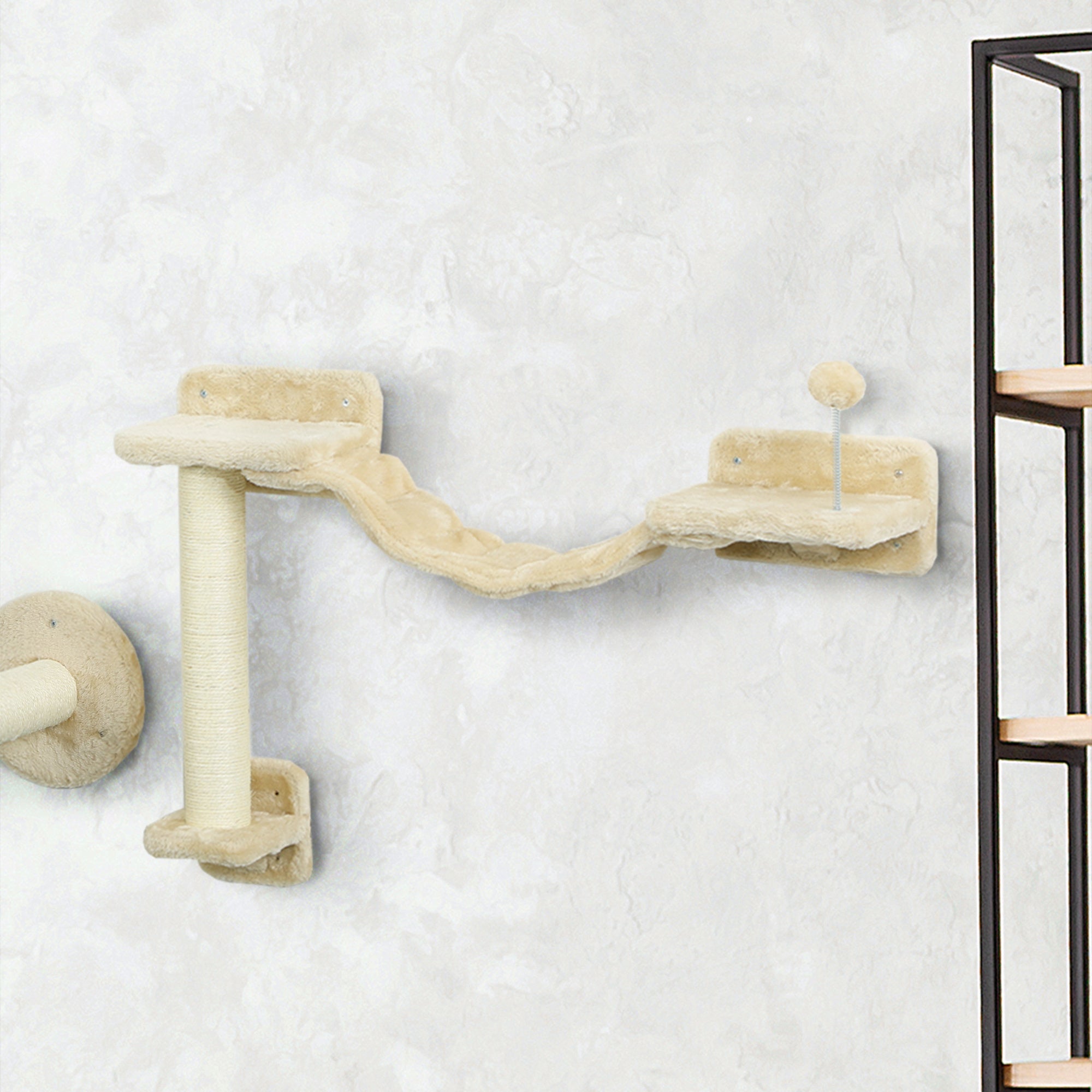 4-Piece Cat Shelves Set Wall Scratcher for Cats with Hammock Posts Scratching Soft Ladder Ball Jumping Platforms Beige