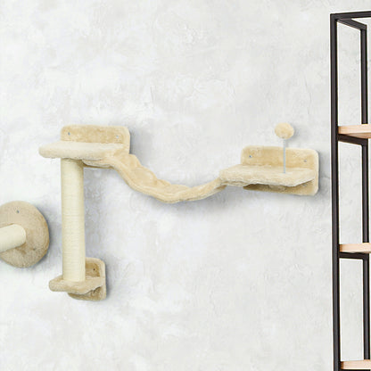 4-Piece Cat Shelves Set Wall Scratcher for Cats with Hammock Posts Scratching Soft Ladder Ball Jumping Platforms Beige