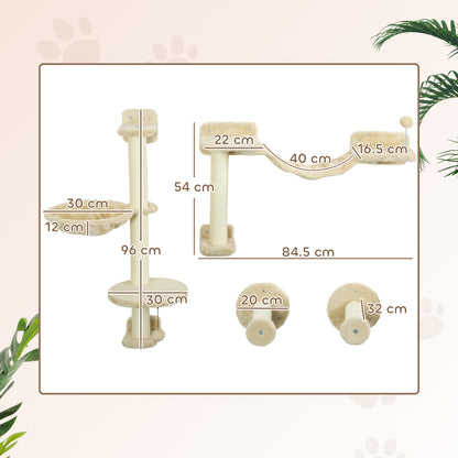 4-Piece Cat Shelves Set Wall Scratcher for Cats with Hammock Posts Scratching Soft Ladder Ball Jumping Platforms Beige