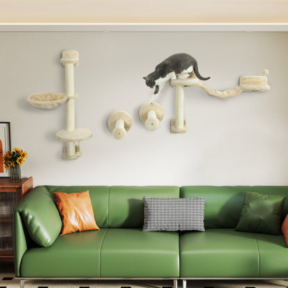 4-Piece Cat Shelves Set Wall Scratcher for Cats with Hammock Posts Scratching Soft Ladder Ball Jumping Platforms Beige