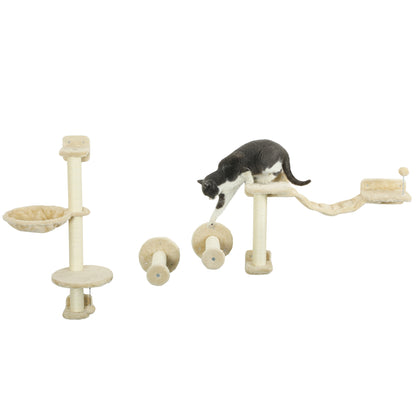 4-Piece Cat Shelves Set Wall Scratcher for Cats with Hammock Posts Scratching Soft Ladder Ball Jumping Platforms Beige